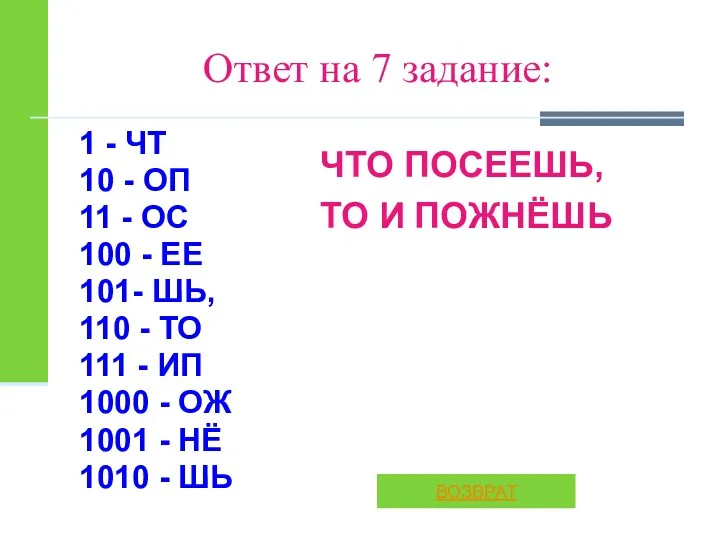 Ответ на 7 задание: 1 - ЧТ 10 - ОП