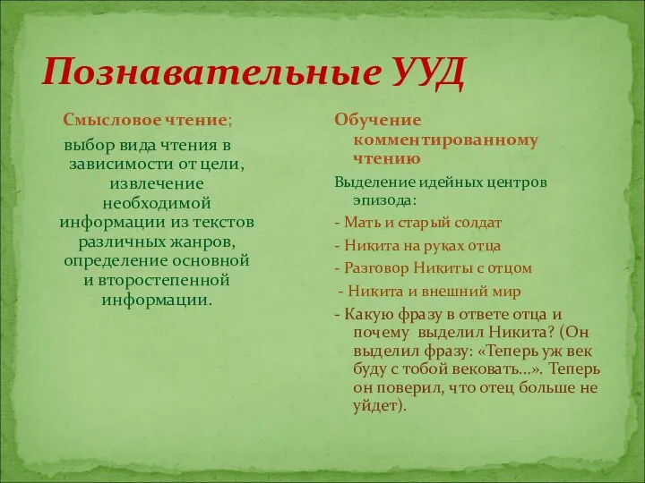 Познавательные УУД Смысловое чтение; выбор вида чтения в зависимости от