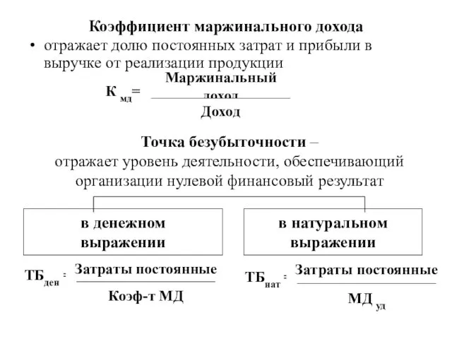 Коэффициент маржинального дохода отражает долю постоянных затрат и прибыли в