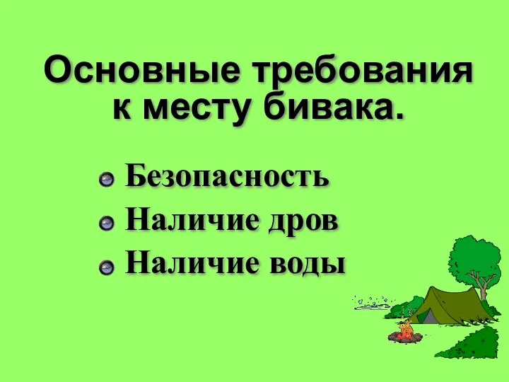 Основные требования к месту бивака. Безопасность Наличие дров Наличие воды