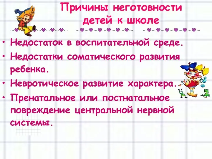 Причины неготовности детей к школе Недостаток в воспитательной среде. Недостатки