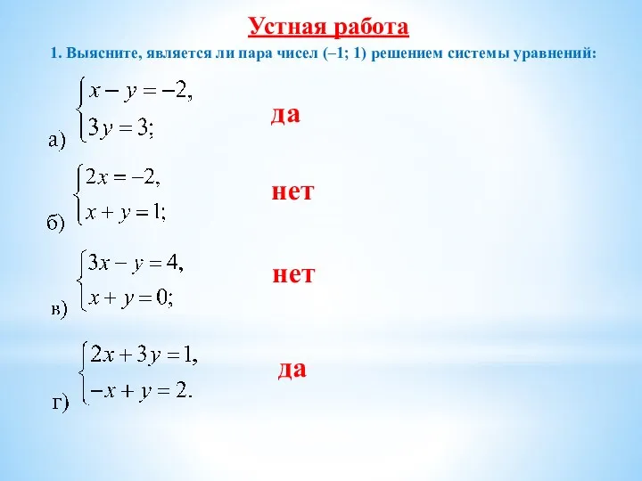 Устная работа 1. Выясните, является ли пара чисел (–1; 1)