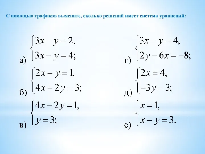 С помощью графиков выясните, сколько решений имеет система уравнений: