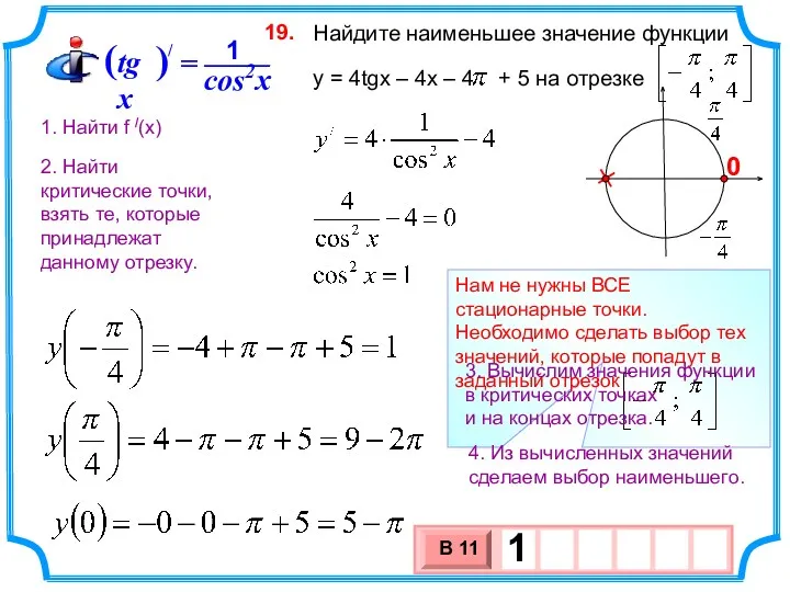 Найдите наименьшее значение функции y = 4tgx – 4x –