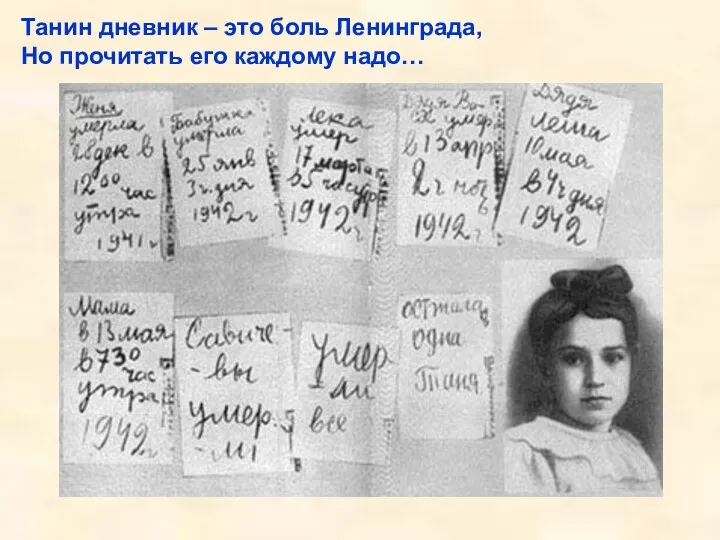 Танин дневник – это боль Ленинграда, Но прочитать его каждому надо… Отшумела, отгремела