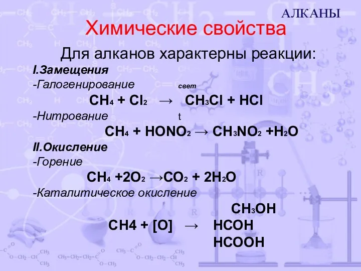 Химические свойства Для алканов характерны реакции: I.Замещения -Галогенирование свет CH4