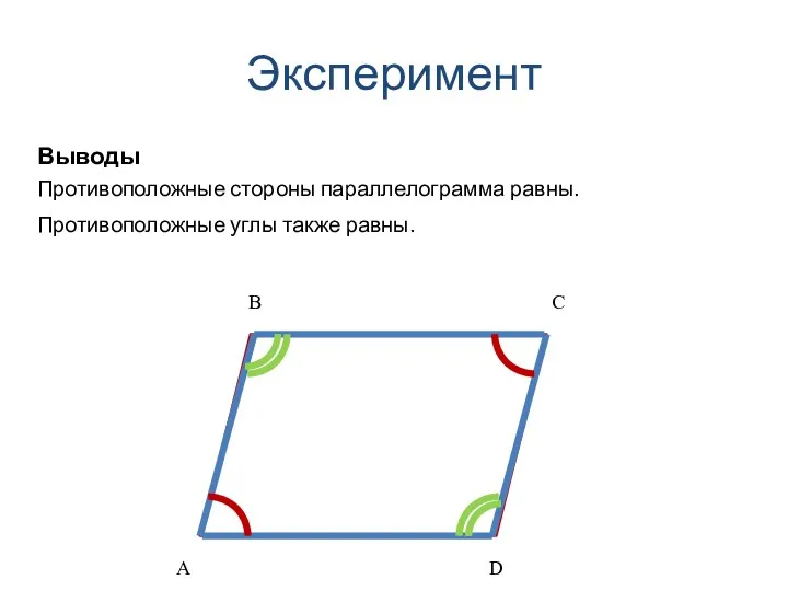 Эксперимент Выводы Противоположные стороны параллелограмма равны. B A C D Противоположные углы также равны.