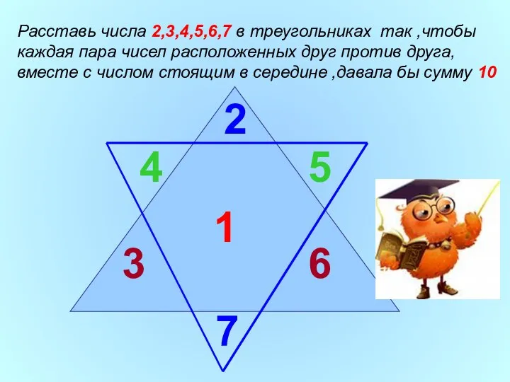 1 2 Расставь числа 2,3,4,5,6,7 в треугольниках так ,чтобы каждая пара чисел расположенных