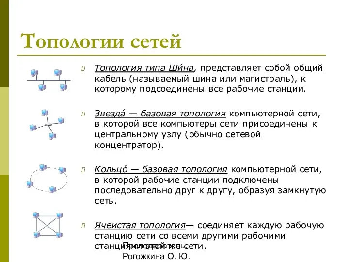 Преподаватель: Рогожкина О. Ю. Топологии сетей Топология типа Ши́на, представляет