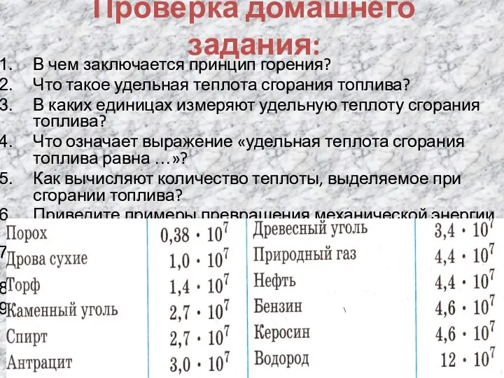 Проверка домашнего задания: В чем заключается принцип горения? Что такое