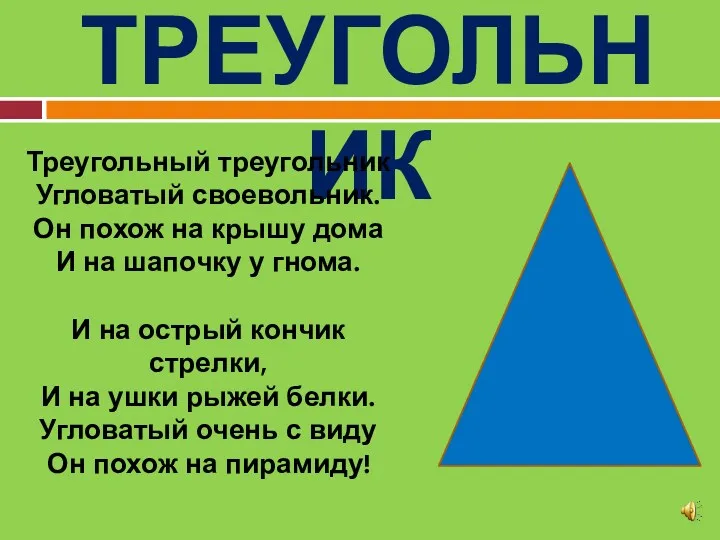 ТРЕУГОЛЬНИК Треугольный треугольник Угловатый своевольник. Он похож на крышу дома