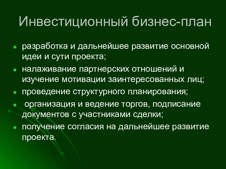 Инвестиционный бизнес-план разработка и дальнейшее развитие основной идеи и сути