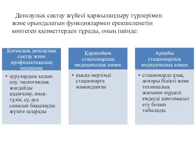 Денсаулық сақтау жүйесі қаржыландыру түрлерімен және орындалатын функциялармен ерекшеленетін көптеген қызметтерден тұрады, оның ішінде: