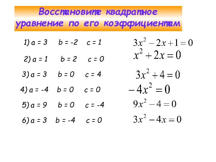 Восстановите квадратное уравнение по его коэффициентам 1) а = 3 b = -2