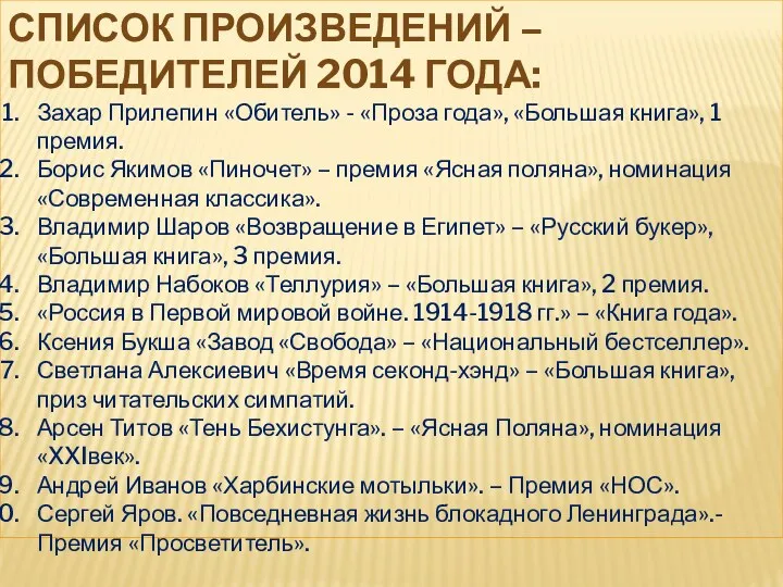 Список произведений – победителей 2014 года: Захар Прилепин «Обитель» -