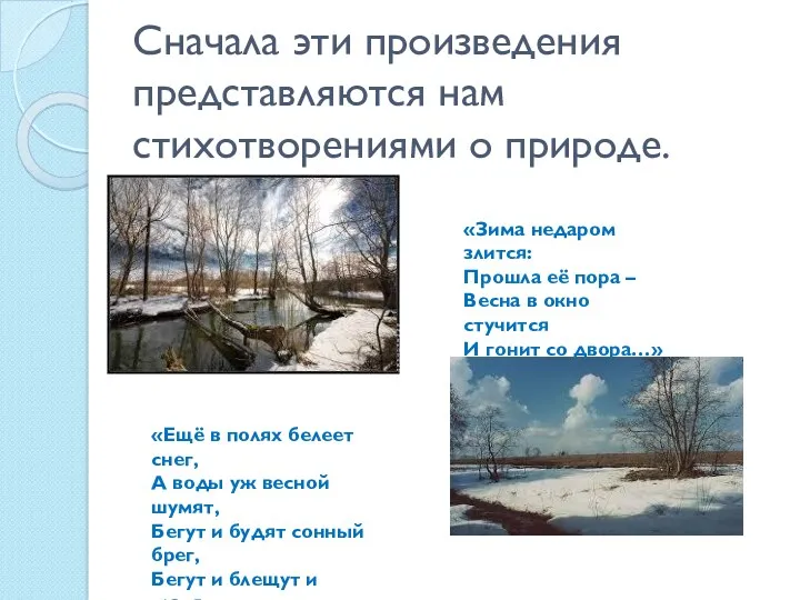 Сначала эти произведения представляются нам стихотворениями о природе. «Зима недаром