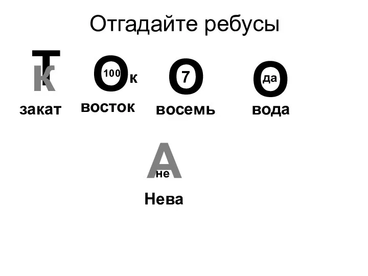 Отгадайте ребусы О к 100 О 7 О да А не закат восток восемь вода Нева