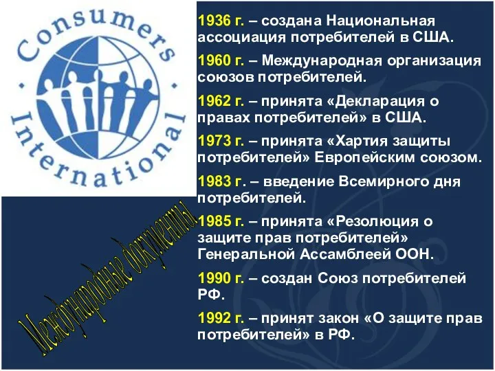 1936 г. – создана Национальная ассоциация потребителей в США. 1960