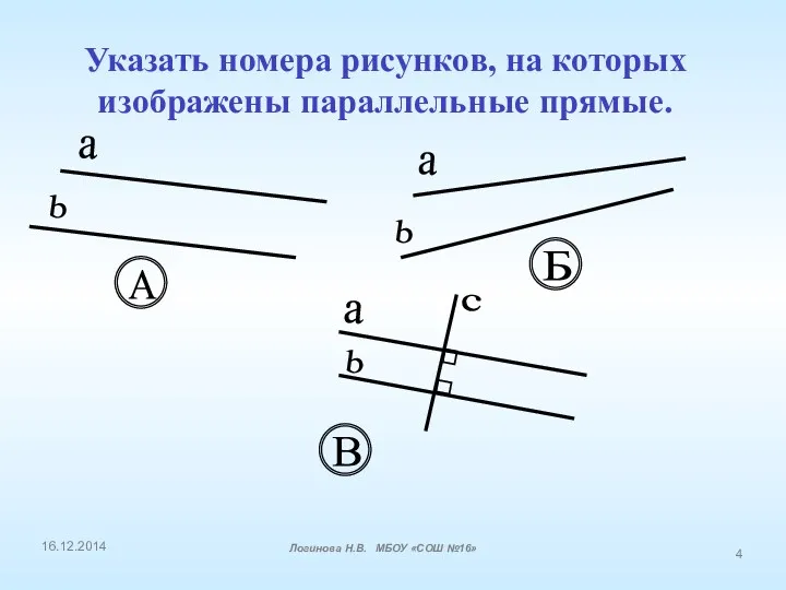 Указать номера рисунков, на которых изображены параллельные прямые. a b А a b
