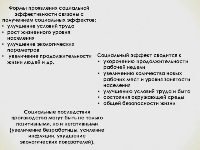 Социальный эффект сводится к укорочению продолжительности рабочей недели увеличению количества