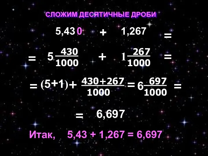 СЛОЖИМ ДЕСЯТИЧНЫЕ ДРОБИ 5,43 1,267 + 0 = = = = = 6,697