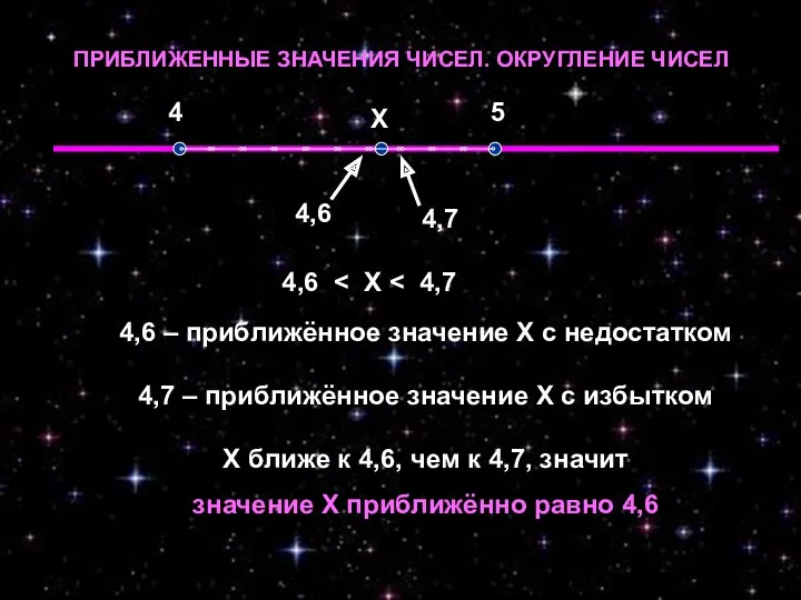 ПРИБЛИЖЕННЫЕ ЗНАЧЕНИЯ ЧИСЕЛ. ОКРУГЛЕНИЕ ЧИСЕЛ 4 5 Х Х 4,6 4,6 – приближённое