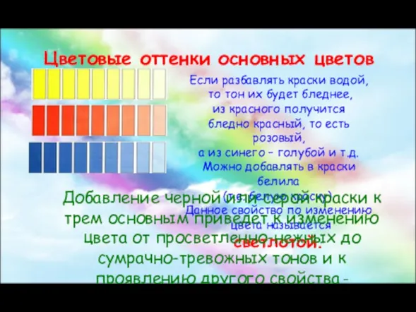 Цветовые оттенки основных цветов Если разбавлять краски водой, то тон