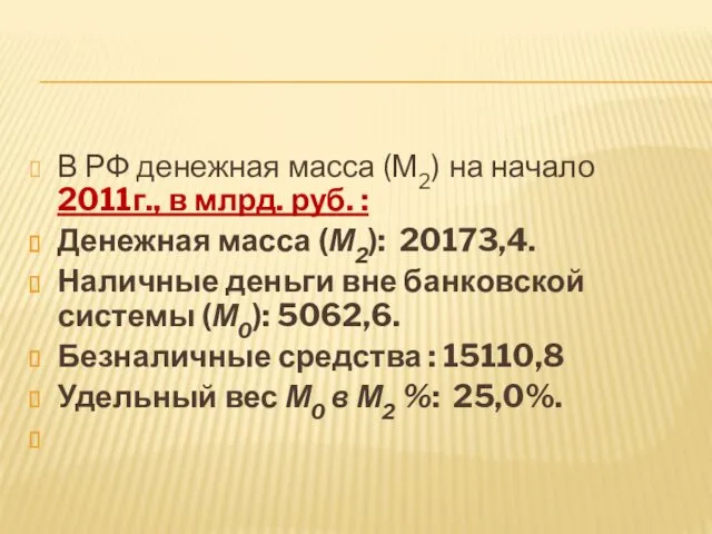 В РФ денежная масса (М2) на начало 2011г., в млрд.