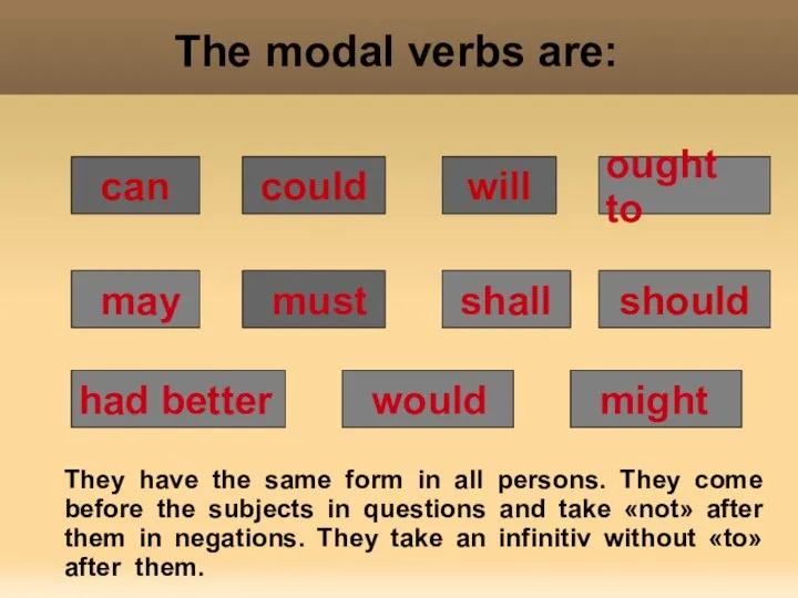 The modal verbs are: can could will ought to may