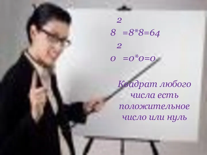 2 8 =8*8=64 2 0 =0*0=0 Квадрат любого числа есть положительное число или нуль