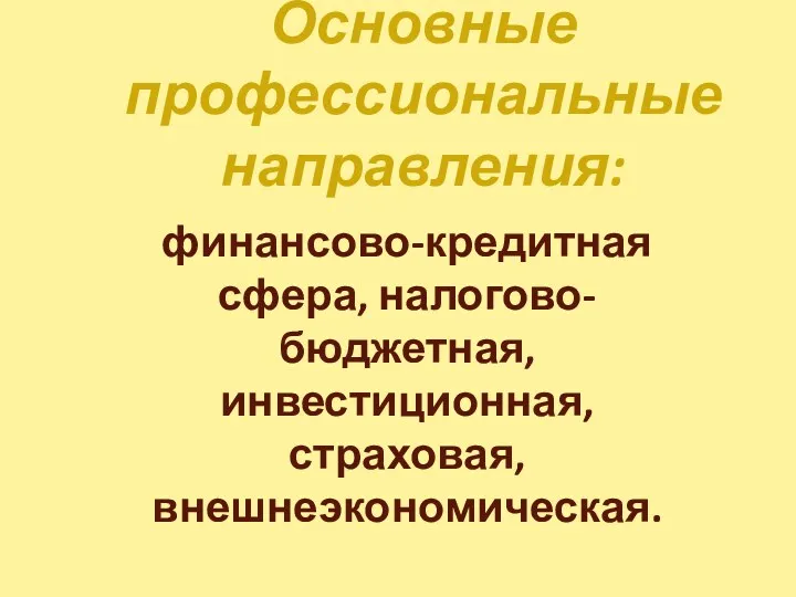 Основные профессиональные направления: финансово-кредитная сфера, налогово-бюджетная, инвестиционная, страховая, внешнеэкономическая.