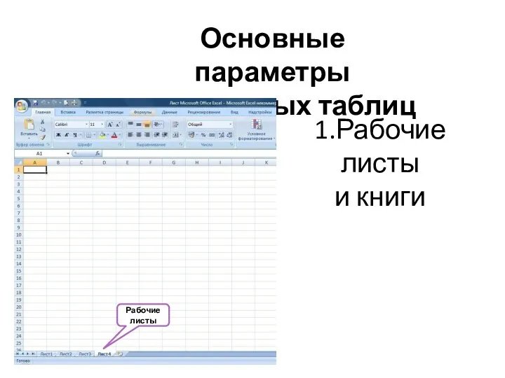 Основные параметры электронных таблиц Рабочие листы 1.Рабочие листы и книги