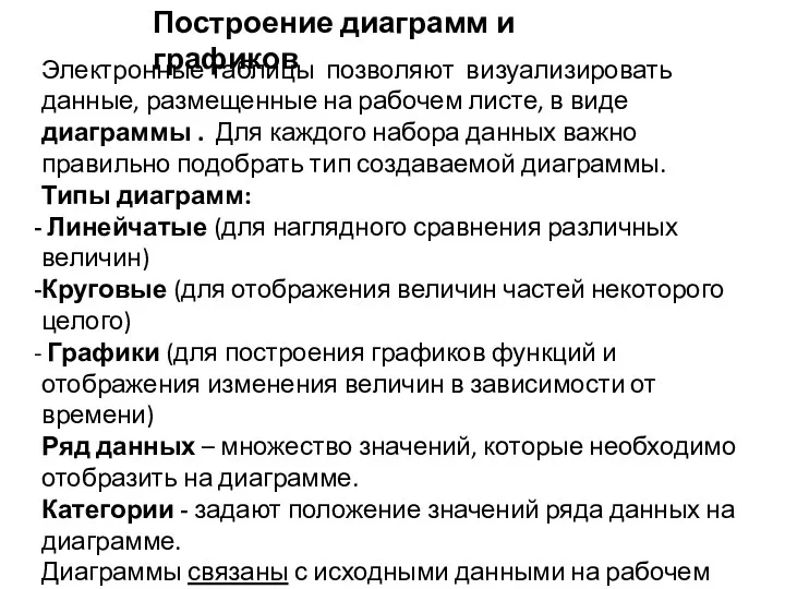 Построение диаграмм и графиков Электронные таблицы позволяют визуализировать данные, размещенные