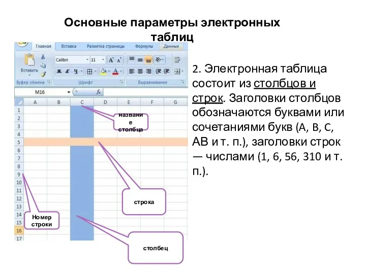 2. Электронная таблица состоит из столбцов и строк. Заголовки столбцов