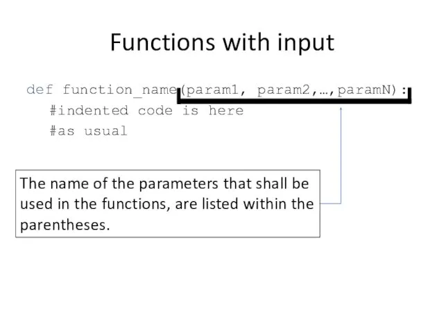 Functions with input def function_name(param1, param2,…,paramN): #indented code is here