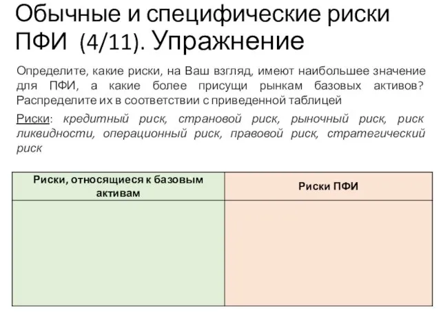 Обычные и специфические риски ПФИ (4/11). Упражнение стр. 129 Рабочей