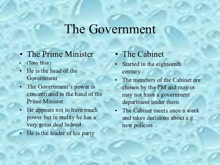 The Government The Prime Minister (Tony Blair) He is the head of the