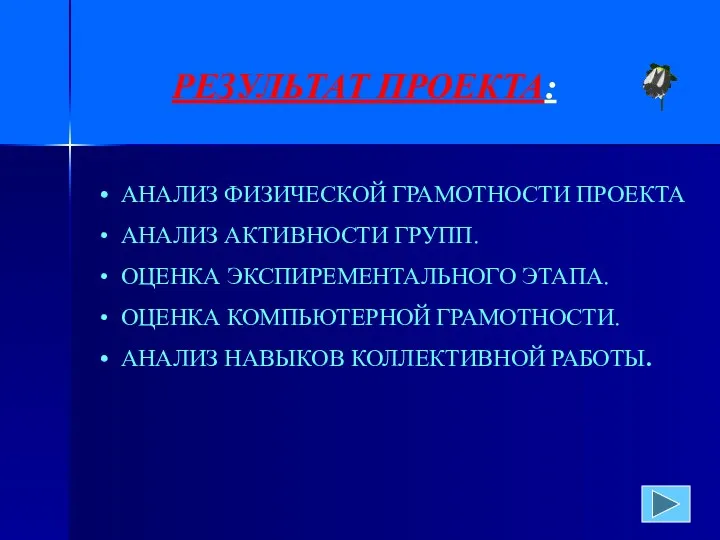 РЕЗУЛЬТАТ ПРОЕКТА: АНАЛИЗ ФИЗИЧЕСКОЙ ГРАМОТНОСТИ ПРОЕКТА АНАЛИЗ АКТИВНОСТИ ГРУПП. ОЦЕНКА