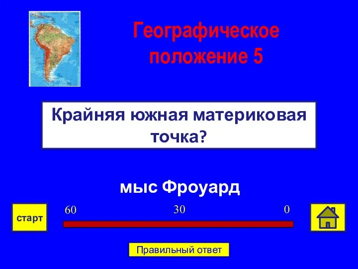 мыс Фроуард Крайняя южная материковая точка? Географическое положение 5 0 30 60 старт Правильный ответ