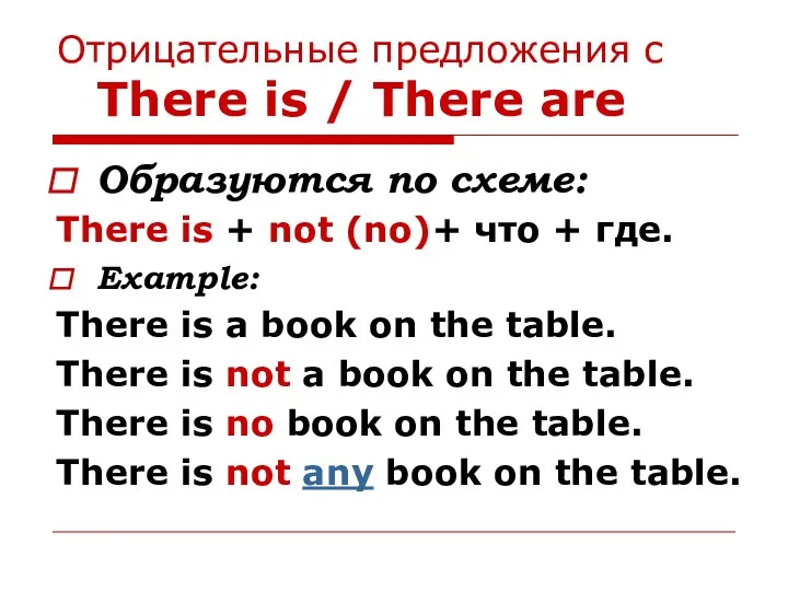 Отрицательные предложения с There is / There are Образуются по