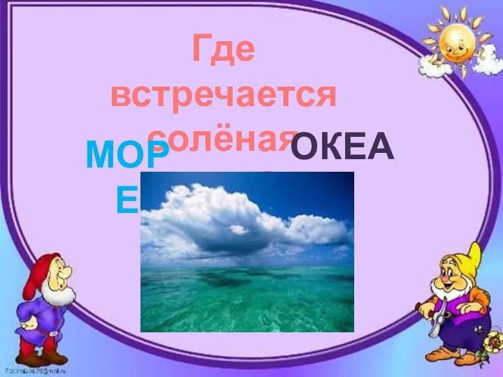 Где встречается солёная вода? океан МОРЕ