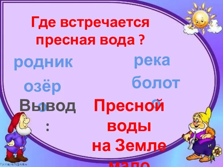 Где встречается пресная вода ? родник река озёро болото Вывод: Пресной воды на Земле мало