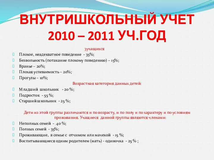 ВНУТРИШКОЛЬНЫЙ УЧЕТ 2010 – 2011 УЧ.ГОД 3учащихся Плохое, неадекватное поведение