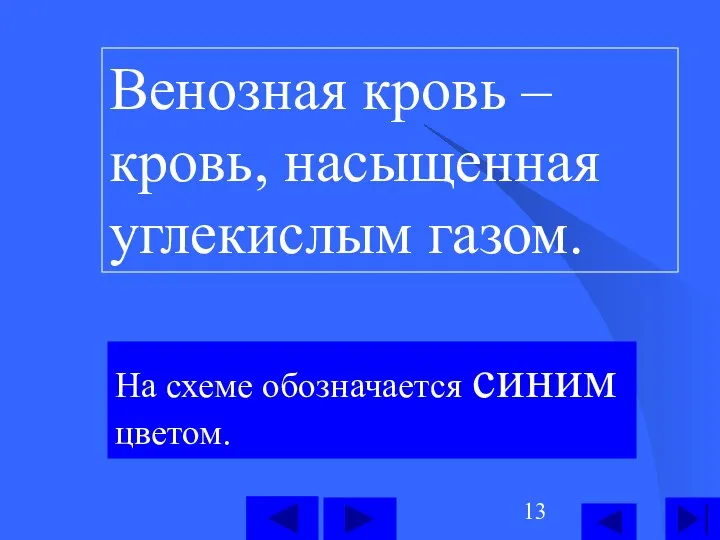 Венозная кровь – кровь, насыщенная углекислым газом. На схеме обозначается синим цветом.