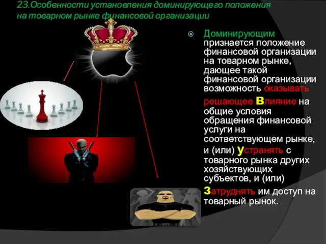 23.Особенности установления доминирующего положения на товарном рынке финансовой организации Доминирующим