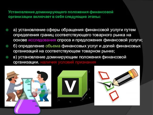 Установление доминирующего положения финансовой организации включает в себя следующие этапы: