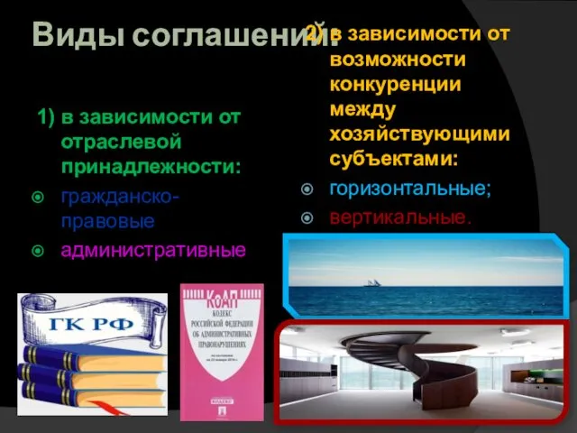 Виды соглашений: 1) в зависимости от отраслевой принадлежности: гражданско-правовые административные