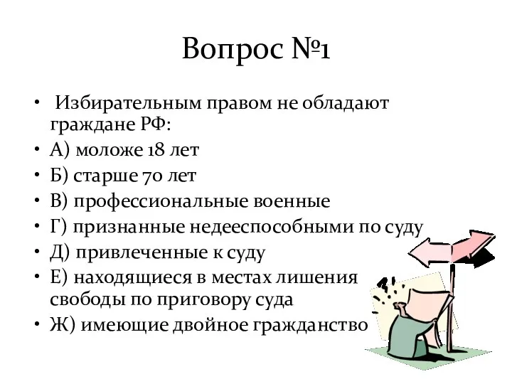 Вопрос №1 Избирательным правом не обладают граждане РФ: А) моложе