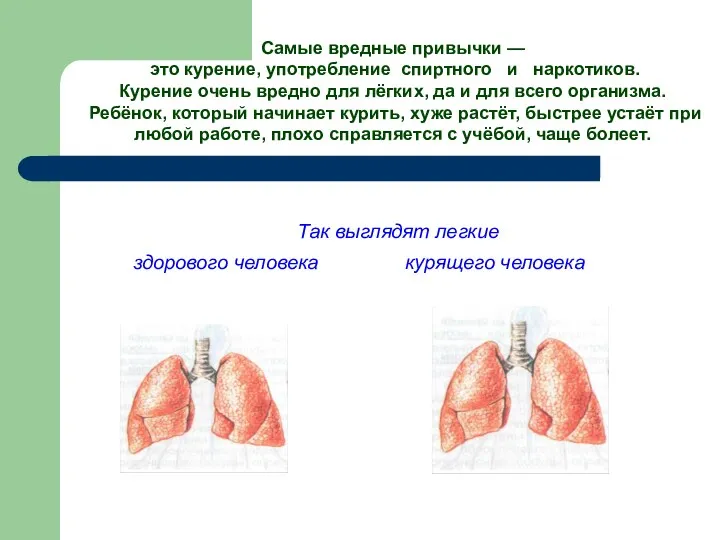 Самые вредные привычки — это курение, употребление спиртного и наркотиков. Курение очень вредно