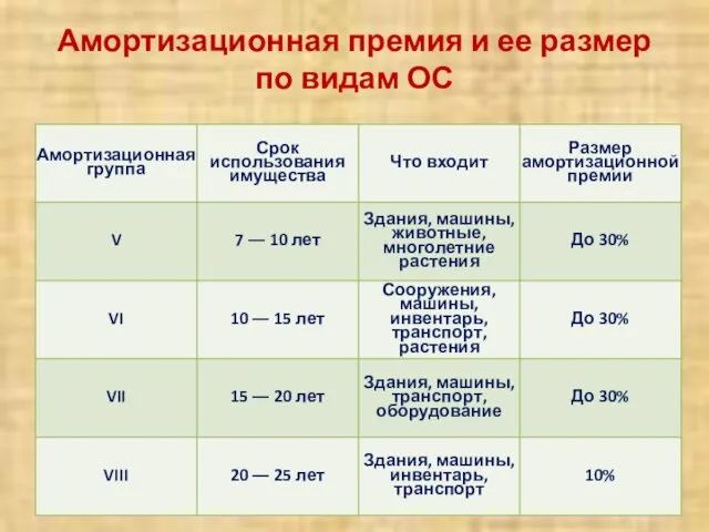 Амортизационная премия и ее размер по видам ОС